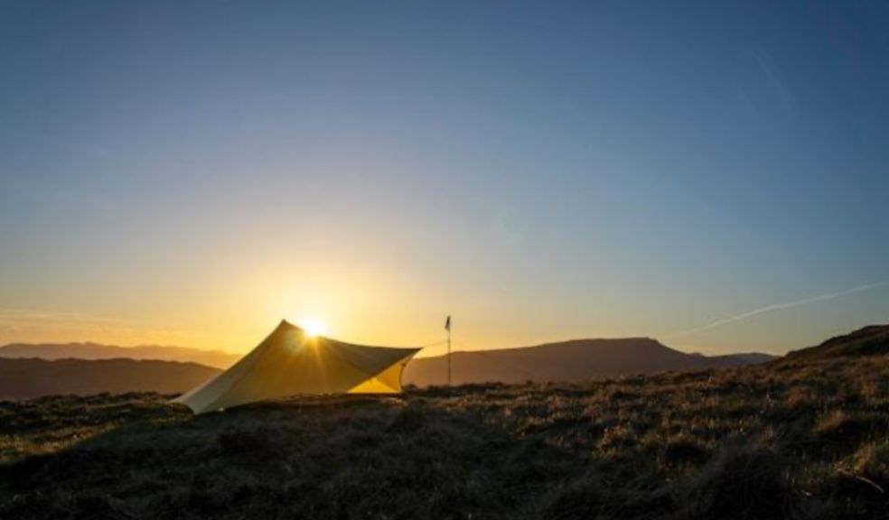 A yellow tent sitting on top of a lush green field photo