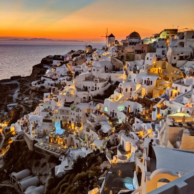 Houses and sunset on the Greek island of Santorini 